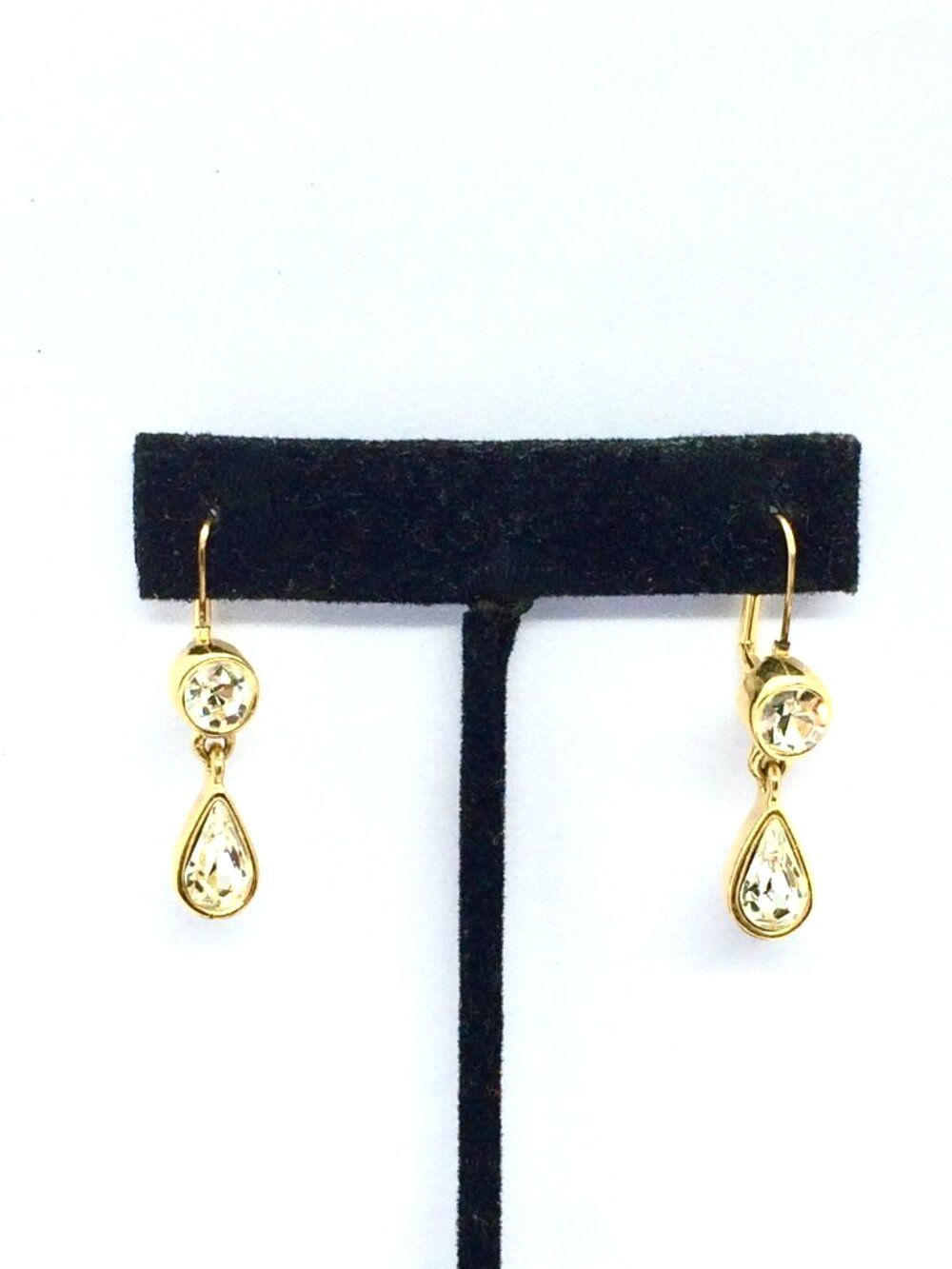 GIVENCHY EARRINGS Gold Tone Crystal Rhinestone Teardrop Leverback Dangle